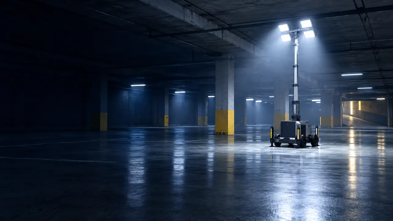 Akku-Lichtmast auf kompaktem Fahrgestell leuchtet eine dunkle Tiefgarage ohne Abgase und Motorgeräusch aus
