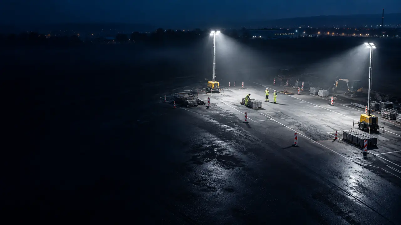 Mehrere mobile Lichtmasten leuchten eine abgesperrte Arbeitsfläche auf einer Baustelle bei Nacht gleichmäßig aus