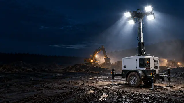 Diesel-Lichtmast auf Anhänger mit ausgefahrenen Stützen leuchtet eine schlammige Erdbaustelle mit Bagger bei Nacht aus