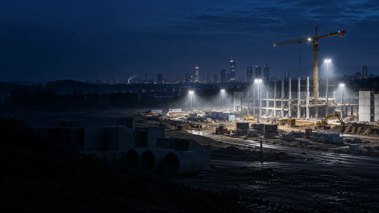 Großbaustelle mit Rohbau, Kran und mehreren Lichtmasten bei Nacht vor einer Stadtsilhouette