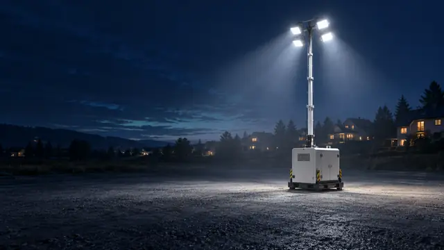 Hybrid-Lichtmast mit kompaktem, schallgedämmtem Gehäuse leuchtet eine Schotterfläche am Rand einer Wohnsiedlung in der Abenddämmerung aus