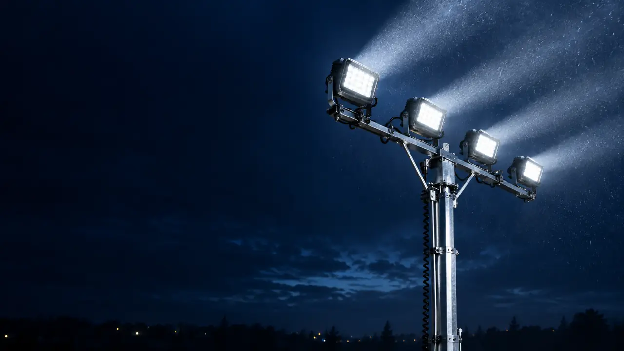 Vier LED-Flutlichtstrahler eines mobilen Lichtmasts leuchten bei Nieselregen in den Nachthimmel