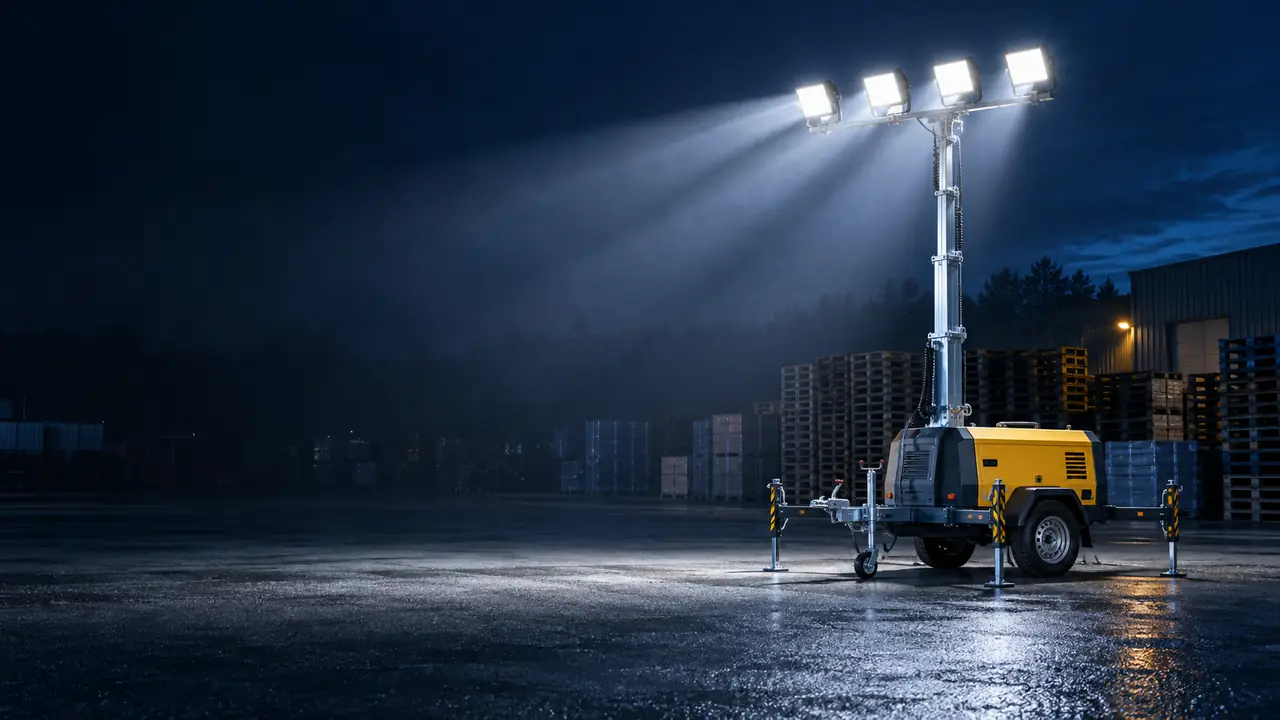 LED-Lichtmast auf gelbem Anhänger strahlt mit vier Flutlichtern über einen nassen Lagerplatz mit Palettenstapeln