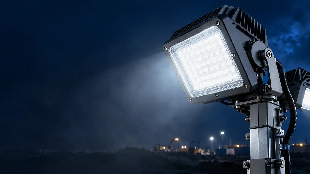 Nahaufnahme eines LED-Flutlichtstrahlers an einem mobilen Lichtmast bei Nacht