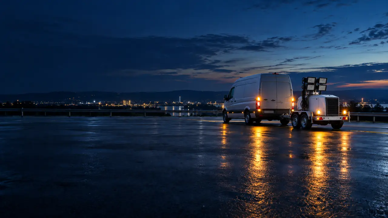 Transporter mit einem mobilen Lichtmast auf dem Anhänger in der Abenddämmerung auf nasser Fahrbahn