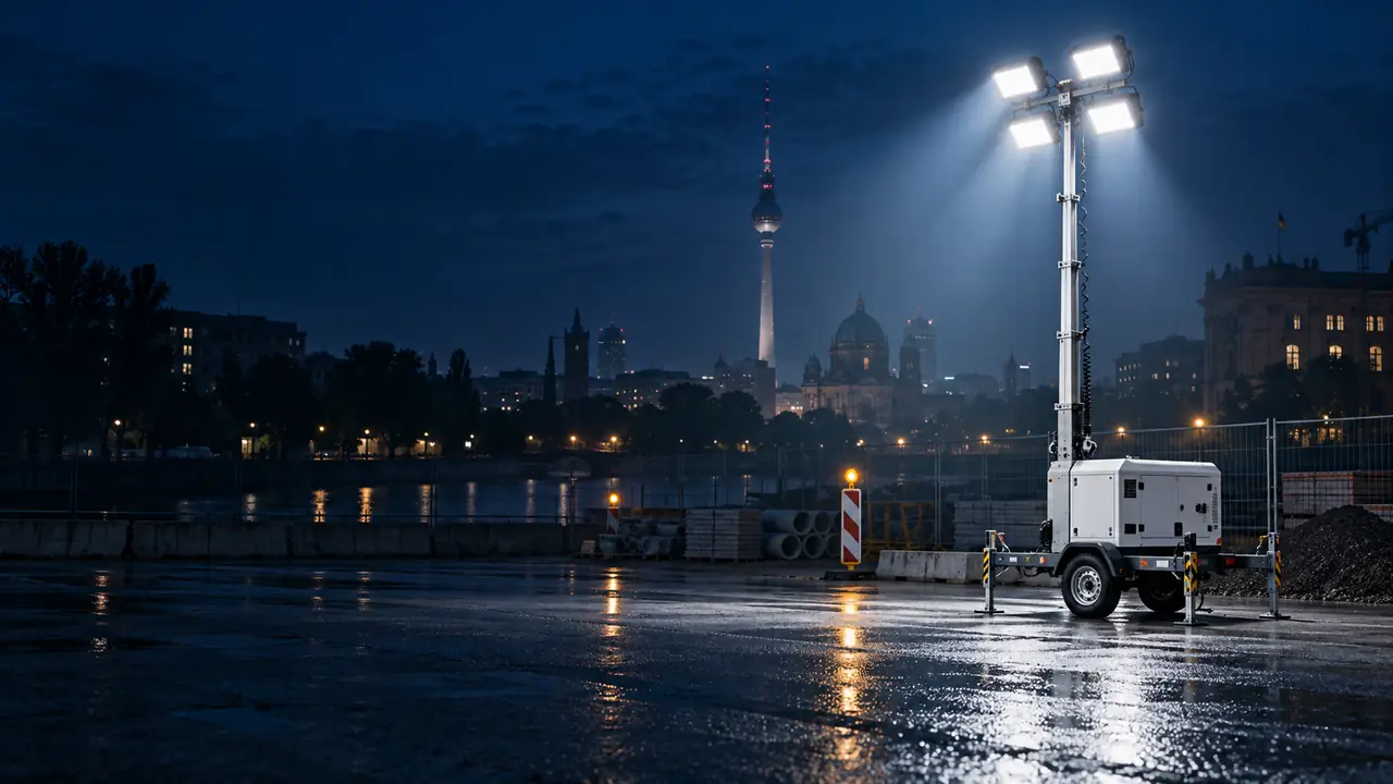 Mobiler Lichtmast auf einer nassen Baustellenfläche an der Spree, im Hintergrund Fernsehturm und Berliner Dom bei Nacht