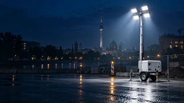 Mobiler Lichtmast auf einer nassen Baustellenfläche an der Spree, im Hintergrund Fernsehturm und Berliner Dom bei Nacht