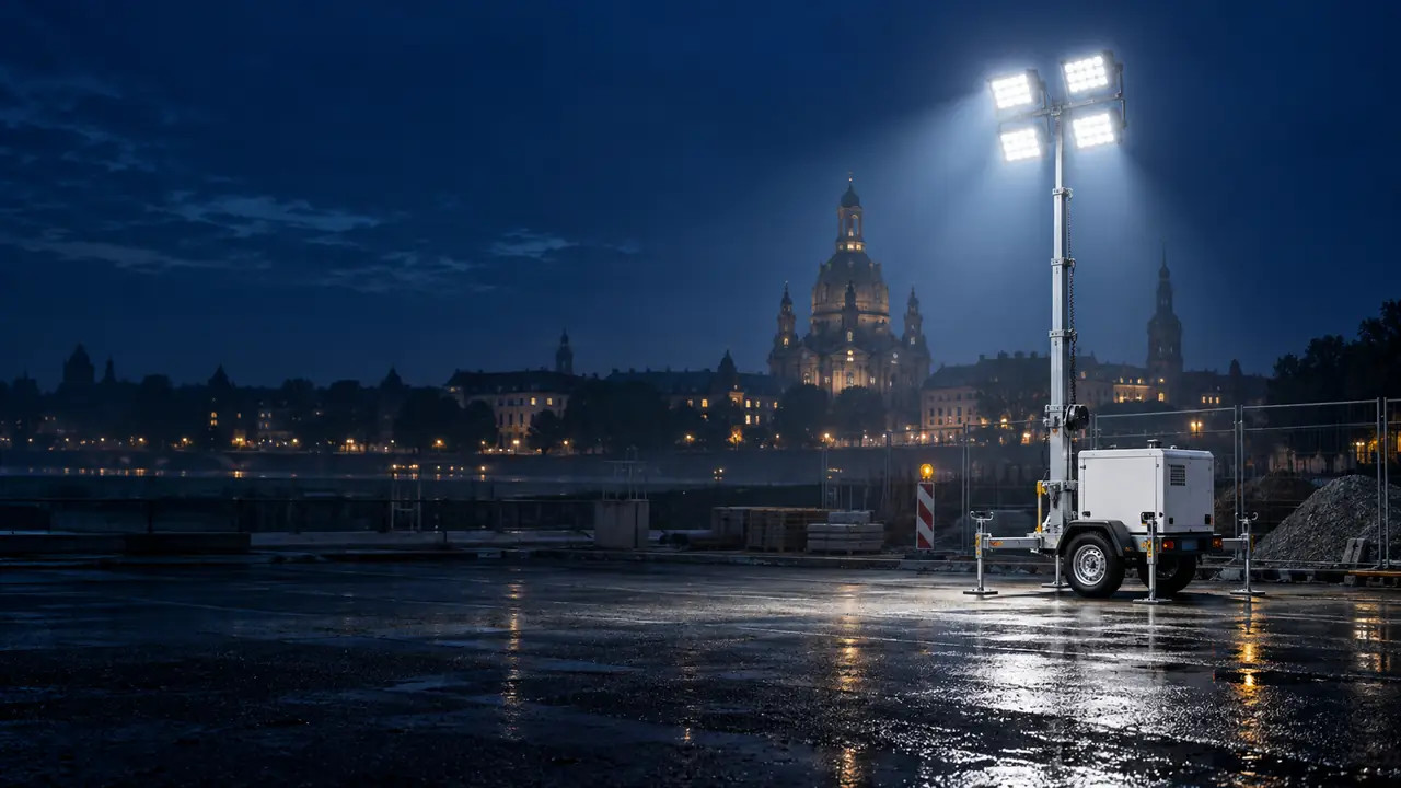 Mobiler Lichtmast auf einer Baustellenfläche an der Elbe, im Hintergrund die Frauenkirche über der Dresdner Altstadt bei Nacht