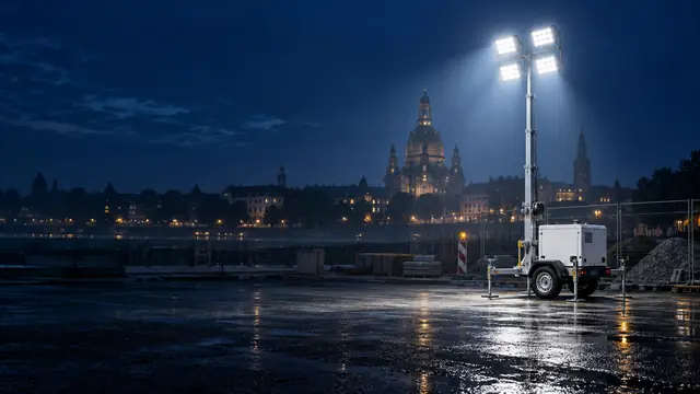 Mobiler Lichtmast auf einer Baustellenfläche an der Elbe, im Hintergrund die Frauenkirche über der Dresdner Altstadt bei Nacht