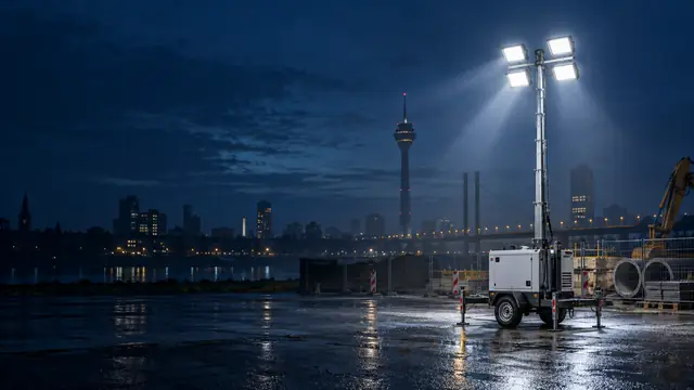 Mobiler Lichtmast auf einer Baustelle am Rhein, im Hintergrund Rheinturm und Rheinbrücke bei Nacht
