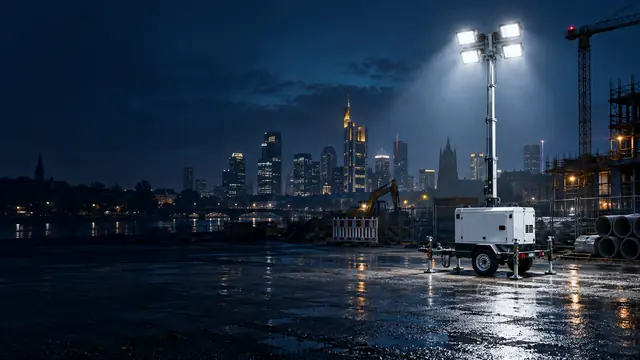 Mobiler Lichtmast auf einer Baustelle am Main mit Bagger und Rohbau, im Hintergrund die Frankfurter Hochhaus-Skyline bei Nacht