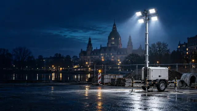Mobiler Lichtmast auf einer Baustelle am Ufer, im Hintergrund das Neue Rathaus Hannover bei Nacht