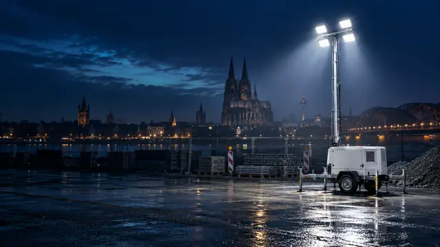 Mobiler Lichtmast auf einer Baustellenfläche am Rhein, im Hintergrund Kölner Dom und Hohenzollernbrücke bei Nacht
