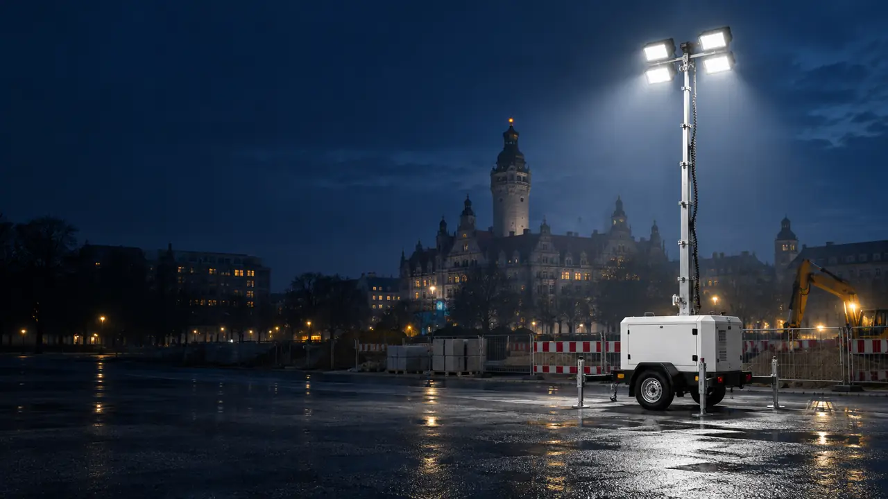 Mobiler Lichtmast auf einer nassen Baustellenfläche mit Bauzaun und Bagger, im Hintergrund das Neue Rathaus Leipzig bei Nacht