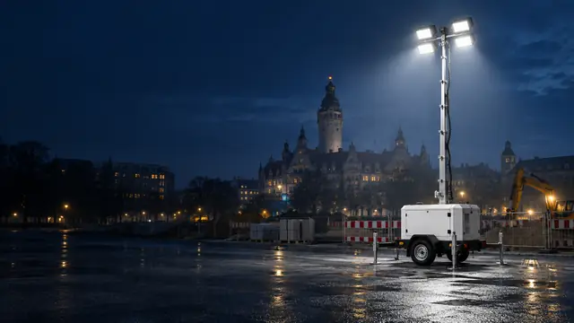 Mobiler Lichtmast auf einer nassen Baustellenfläche mit Bauzaun und Bagger, im Hintergrund das Neue Rathaus Leipzig bei Nacht