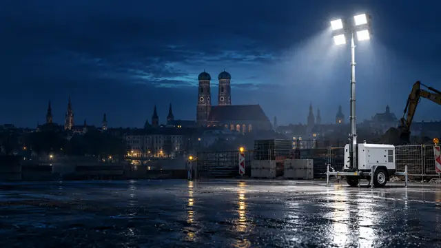 Mobiler Lichtmast auf einer Baustelle mit Bagger, dahinter die Türme der Frauenkirche über der Münchner Altstadt bei Nacht
