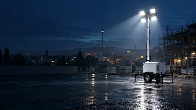 Mobiler Lichtmast neben einem eingerüsteten Rohbau, im Hintergrund der Stuttgarter Fernsehturm über den Hanglagen bei Nacht