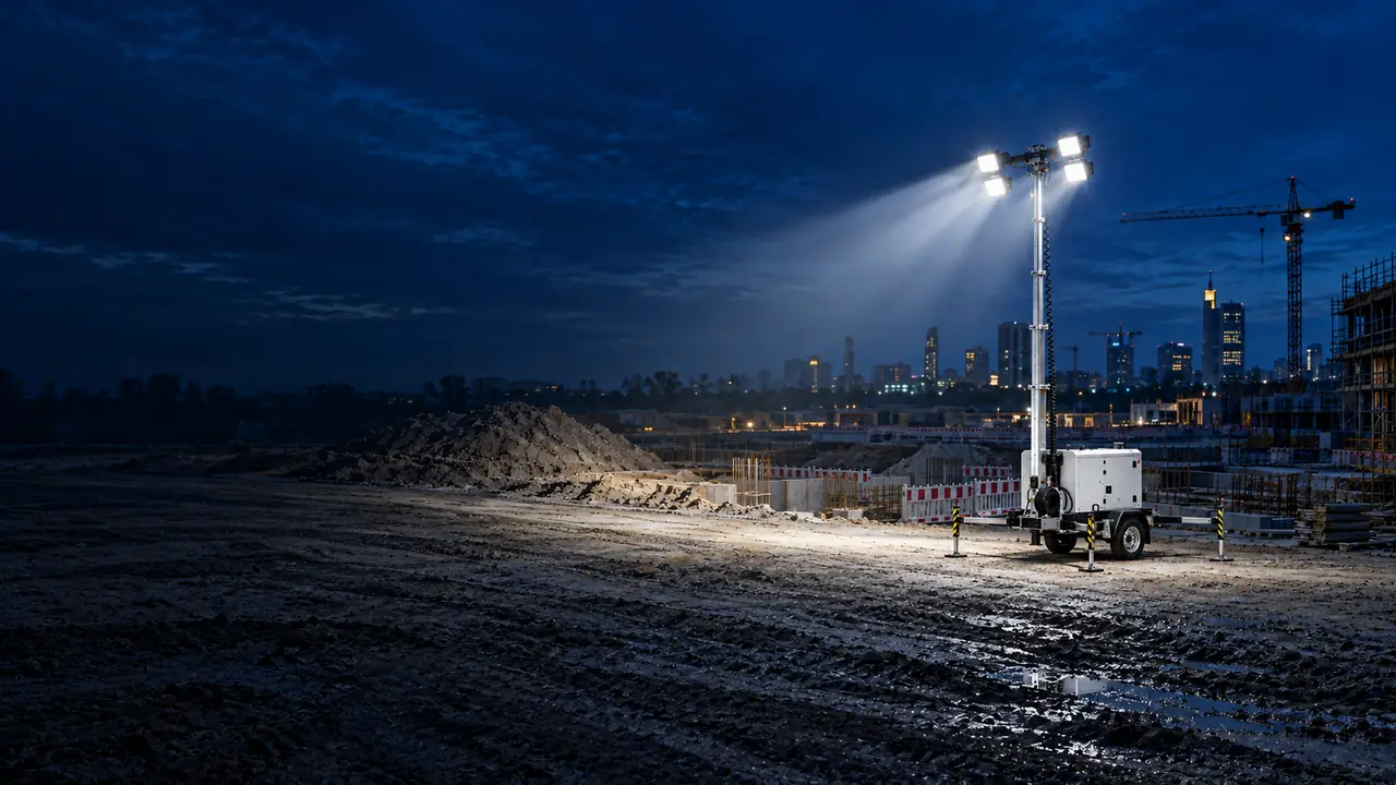 Mobiler LED-Lichtmast auf Anhänger leuchtet eine Baustelle in der Abenddämmerung aus