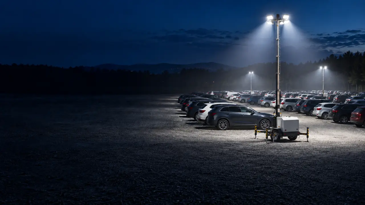 Mobiler LED-Lichtmast auf Anhänger leuchtet einen Schotterparkplatz mit Reihen parkender Autos bei Nacht aus