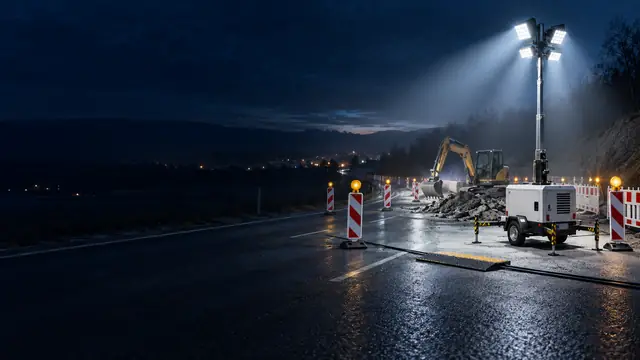 Mobiler Lichtmast leuchtet eine mit Warnbaken und Warnleuchten abgesicherte Straßenbaustelle mit Bagger bei Nacht aus