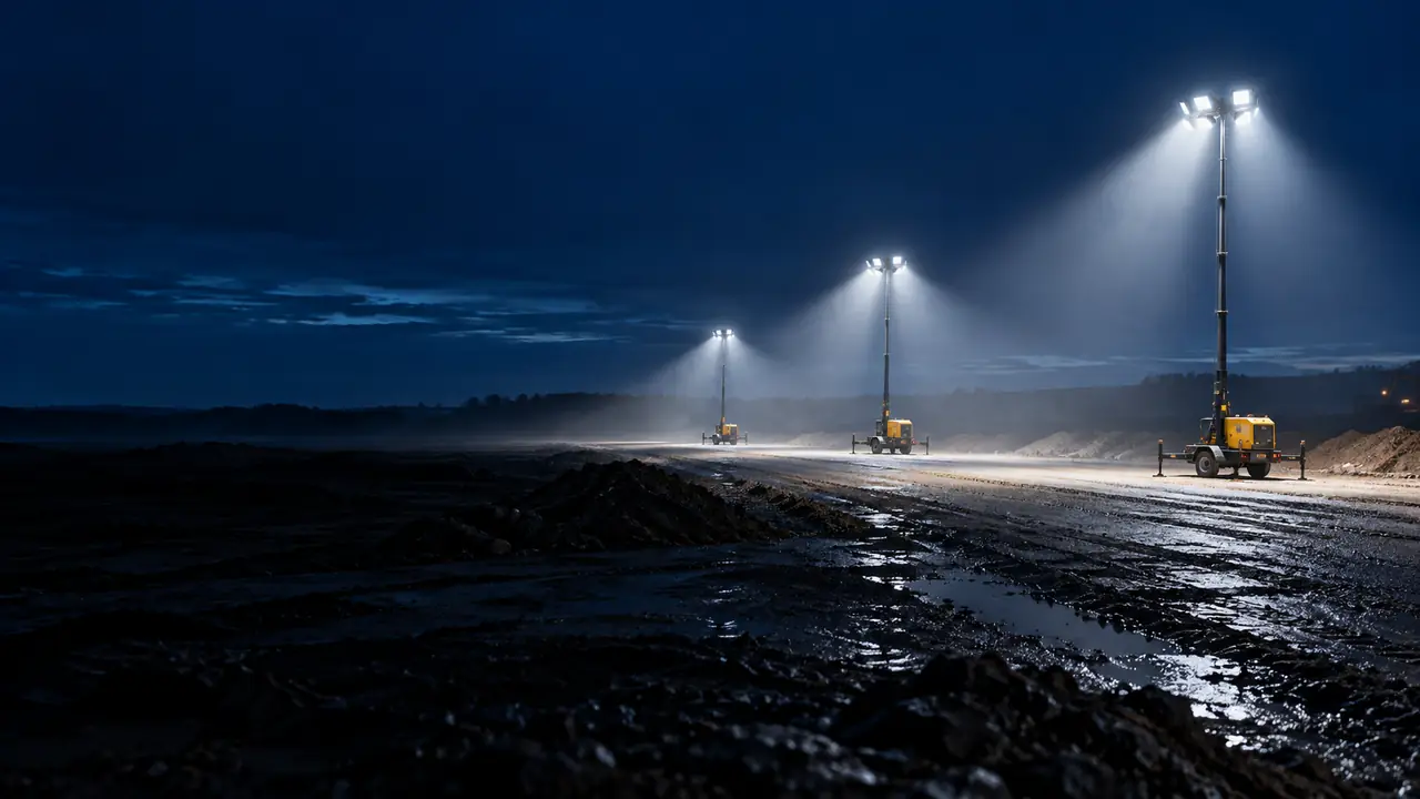 Drei mobile Lichtmasten in einer Reihe leuchten eine weitläufige, unbefestigte Baufläche bei Nacht aus