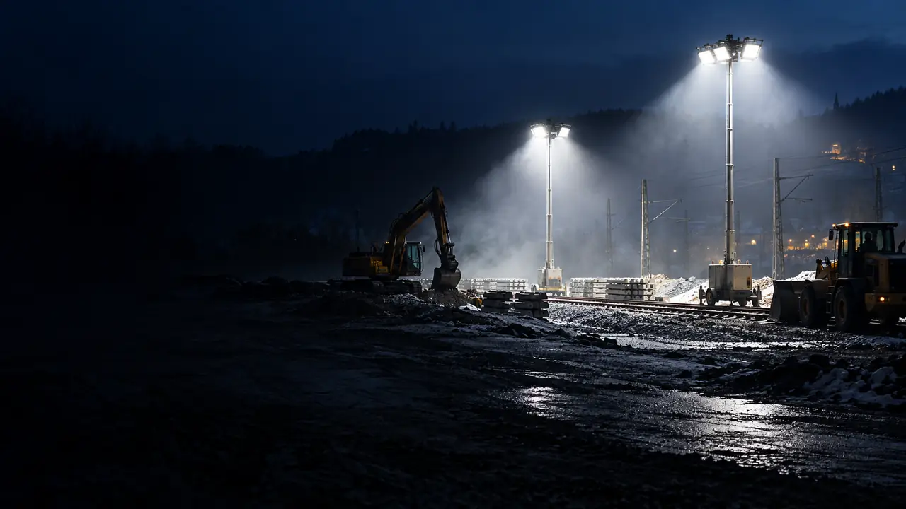 Zwei mobile Lichtmasten leuchten eine winterliche Gleisbaustelle mit Bagger und Radlader bei Nacht aus