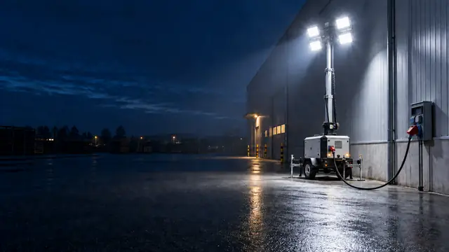 Elektrischer Lichtmast auf Anhänger ist per Kabel an eine Starkstromsteckdose an der Hallenwand angeschlossen und leuchtet einen nassen Hof aus