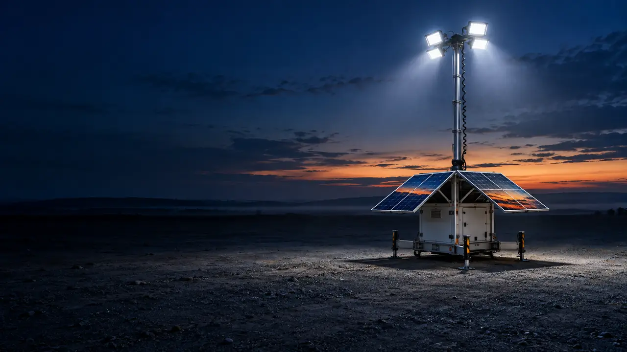 Solar-Lichtmast mit aufgeklappten Solarmodulen und vier LED-Strahlern leuchtet eine freie Fläche in der Abenddämmerung aus