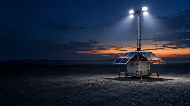 Solar-Lichtmast mit aufgeklappten Solarmodulen und vier LED-Strahlern leuchtet eine freie Fläche in der Abenddämmerung aus
