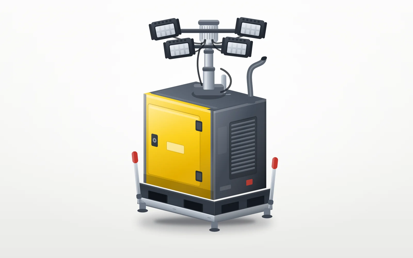 Hybrid-Lichtmast mit schallgedämmtem Gehäuse für Akku und Dieselgenerator, Teleskopmast mit vier LED-Strahlern und Rahmen mit Staplertaschen
