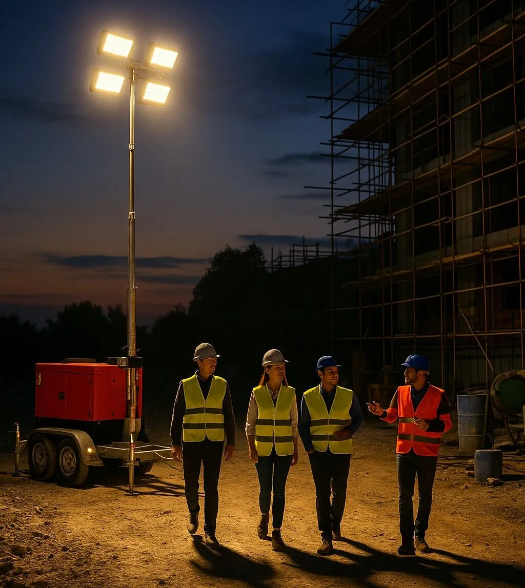Mobiler Lichtmast beleuchtet eine Baustelle bei Nacht