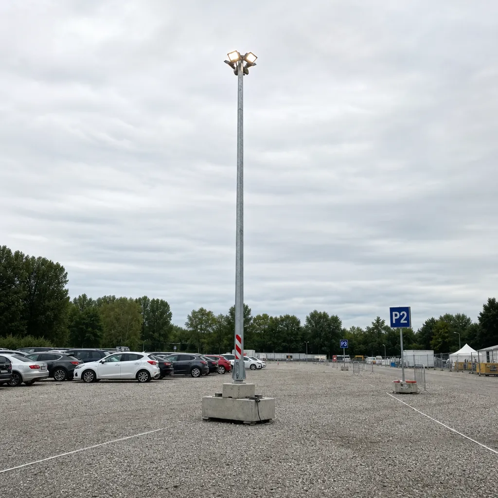 Mobiler Lichtmast beleuchtet einen temporären Parkplatz mit parkenden Fahrzeugen
