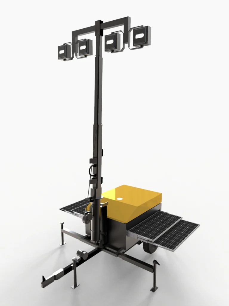 Solar Lichtmast mit LED-Scheinwerfern und Teleskopmast auf einer Basis mit Solarpanelen